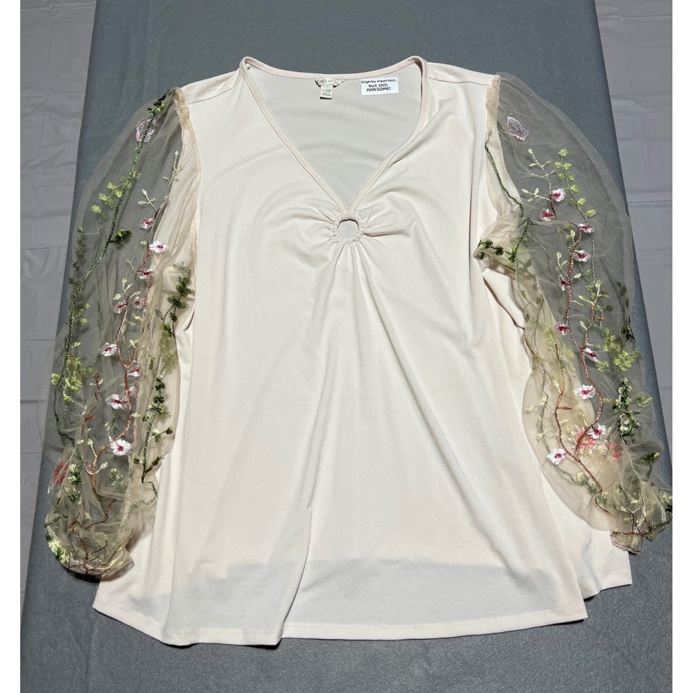 Cato Cream V-Neck Blouse Floral Embroidered Mesh Puff Sleeve Plus Size 22/24W